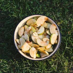 a bowl of sliced apples sitting on top of a lush green field